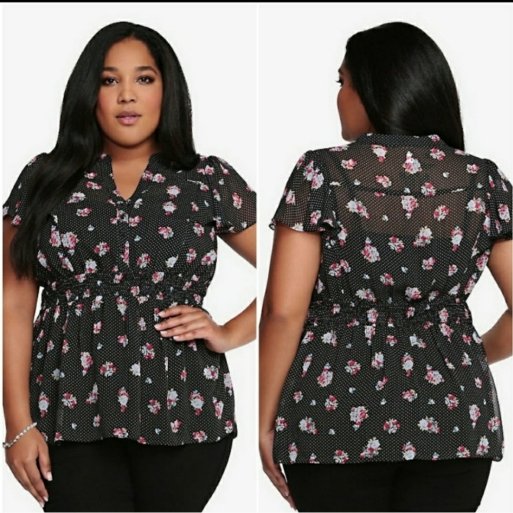 Torrid Sheer Blouse Elastic Waist Floral Torrid 2 = Women's 2X